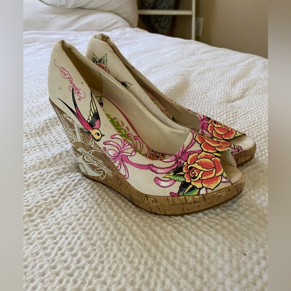 Ed Hardy Shoes - Ed Hardy Platform Wedges Womens 9 Cork Floral Birds Peep Toe Tattoo Slip On Y2K